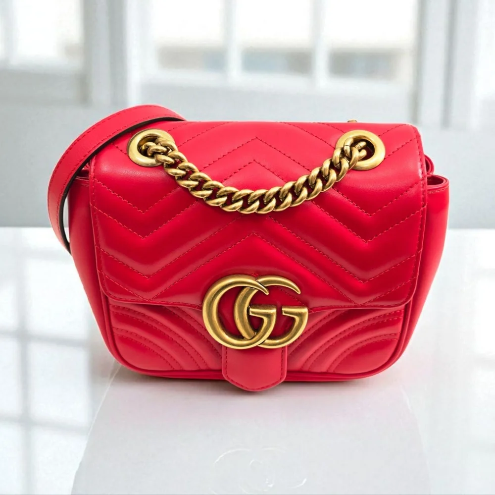 Gucci GG Marmont Matelasse Mini Square Shoulder Bag Red Leather